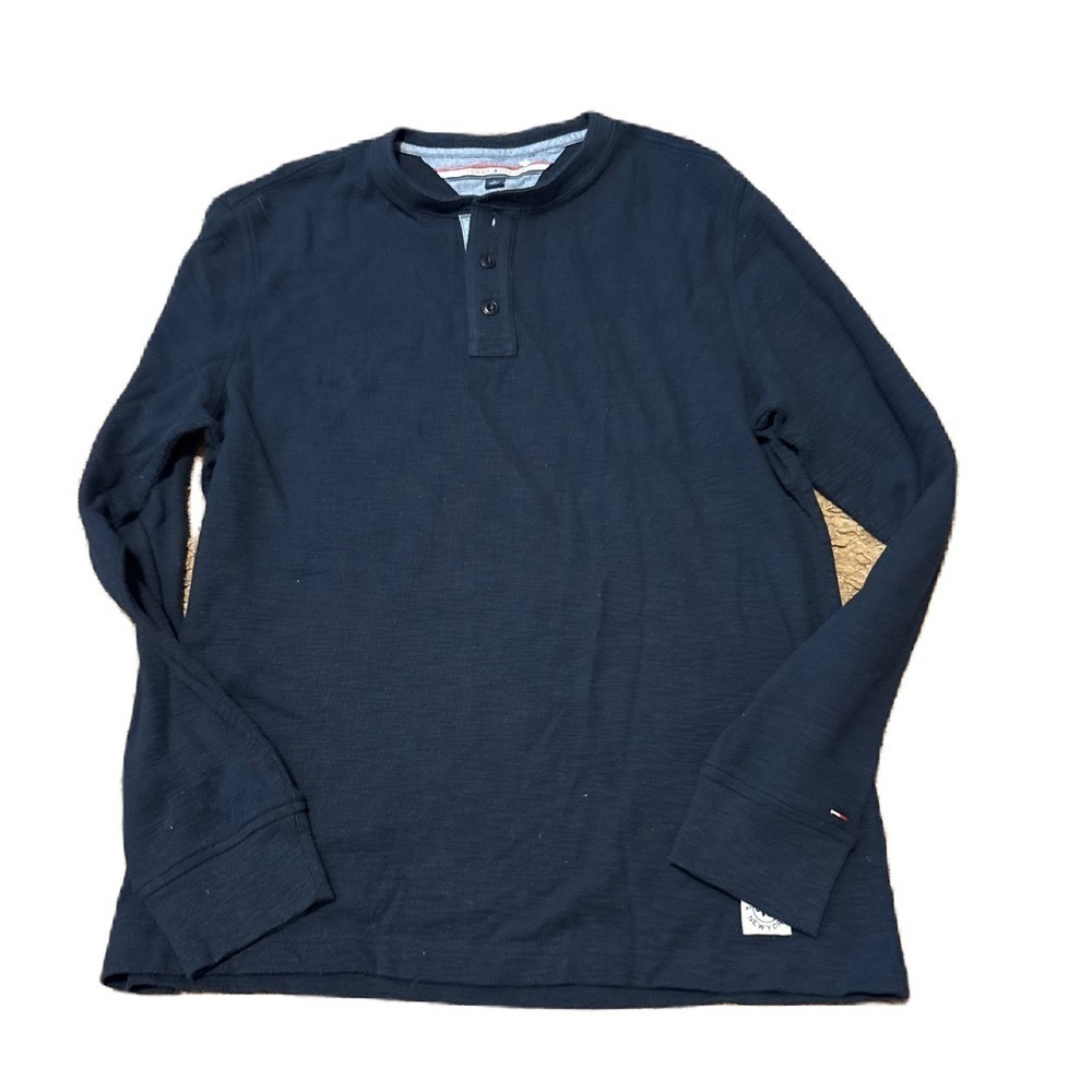 Tommy Hilfiger Shirt Mens Knit Henley Long Sleeves 3 Button Placket Flag Logo M